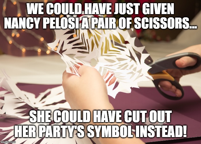 Nancy Pelosi Did What!?!?! | WE COULD HAVE JUST GIVEN NANCY PELOSI A PAIR OF SCISSORS... SHE COULD HAVE CUT OUT HER PARTY'S SYMBOL INSTEAD! | image tagged in donald trump,nancy pelosi,speech,democrats,republicans | made w/ Imgflip meme maker