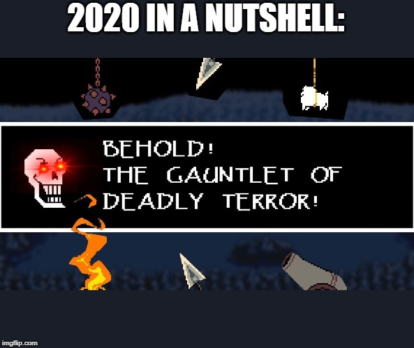 Gauntlet of deadly terror | 2020 IN A NUTSHELL: | image tagged in gauntlet of deadly terror | made w/ Imgflip meme maker