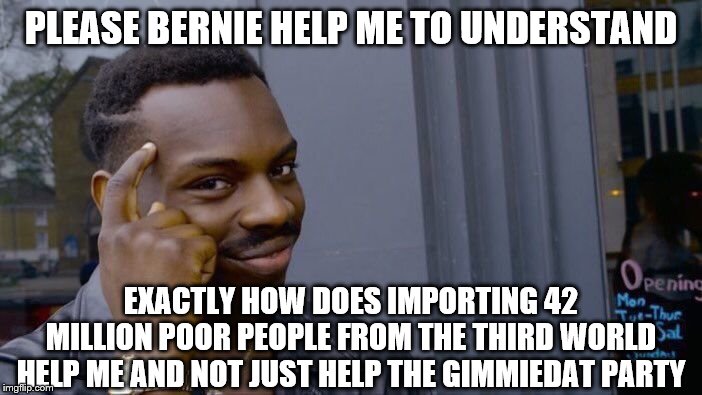 yep | PLEASE BERNIE HELP ME TO UNDERSTAND; EXACTLY HOW DOES IMPORTING 42 MILLION POOR PEOPLE FROM THE THIRD WORLD HELP ME AND NOT JUST HELP THE GIMMIEDAT PARTY | image tagged in roll safe think about it,bernie sanders,elizabeth warren,democrats,illegal immigration | made w/ Imgflip meme maker