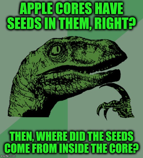 apple logic | APPLE CORES HAVE SEEDS IN THEM, RIGHT? THEN, WHERE DID THE SEEDS COME FROM INSIDE THE CORE? | image tagged in philosoraptor,apple | made w/ Imgflip meme maker
