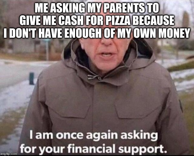 I am once again asking for your financial support | ME ASKING MY PARENTS TO GIVE ME CASH FOR PIZZA BECAUSE I DON'T HAVE ENOUGH OF MY OWN MONEY | image tagged in i am once again asking for your financial support | made w/ Imgflip meme maker