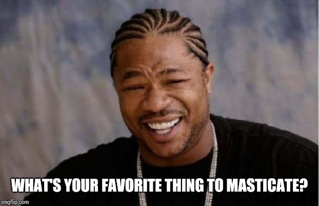 Masticating | WHAT'S YOUR FAVORITE THING TO MASTICATE? | image tagged in memes,yo dawg heard you,chewing,chewie,eating,not what you think | made w/ Imgflip meme maker