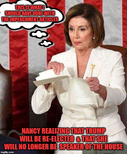 Pelosi rips SOTU speech | THIS IS WHAT I SHOULD HAVE DONE WITH THE IMPEACHMENT ARTICLES; NANCY REALIZING THAT TRUMP WILL BE RE-ELECTED  & THAT SHE WILL NO LONGER BE  SPEAKER OF THE HOUSE | image tagged in pelosi rips sotu speech | made w/ Imgflip meme maker