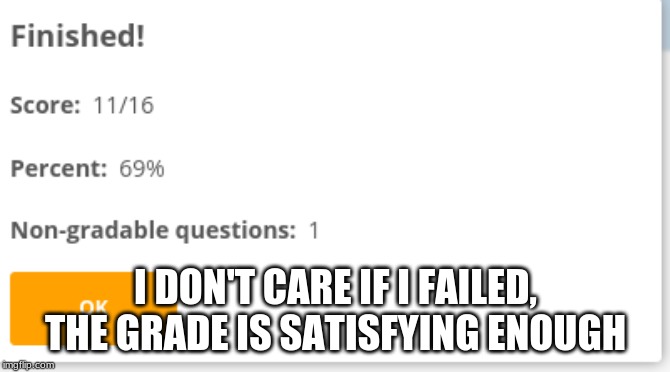 I DON'T CARE IF I FAILED, THE GRADE IS SATISFYING ENOUGH | image tagged in 69 | made w/ Imgflip meme maker