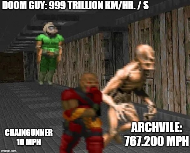 DOOM GUY: 999 TRILLION KM/HR. / S CHAINGUNNER 10 MPH ARCHVILE: 767.200 MPH | made w/ Imgflip meme maker