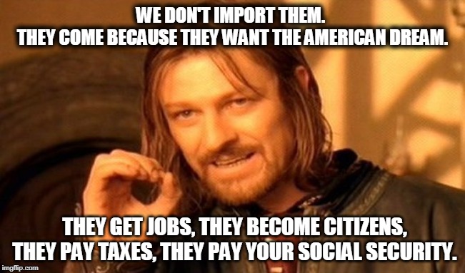 One Does Not Simply Meme | WE DON'T IMPORT THEM. 
THEY COME BECAUSE THEY WANT THE AMERICAN DREAM. THEY GET JOBS, THEY BECOME CITIZENS, THEY PAY TAXES, THEY PAY YOUR SO | image tagged in memes,one does not simply | made w/ Imgflip meme maker