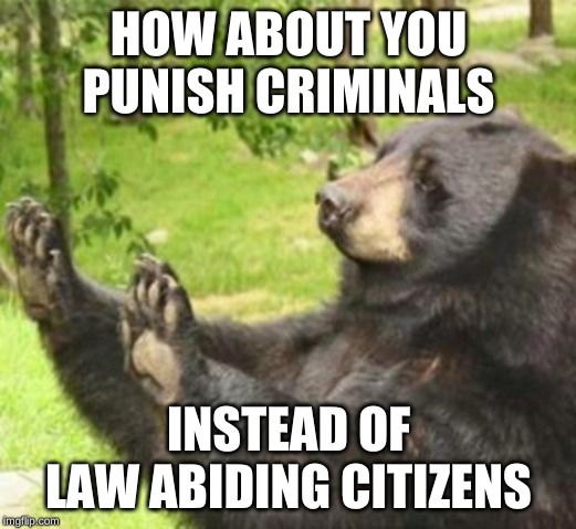 how about no | HOW ABOUT YOU PUNISH CRIMINALS INSTEAD OF LAW ABIDING CITIZENS | image tagged in how about no | made w/ Imgflip meme maker