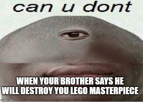 can u dont |  WHEN YOUR BROTHER SAYS HE WILL DESTROY YOU LEGO MASTERPIECE | image tagged in can u dont | made w/ Imgflip meme maker