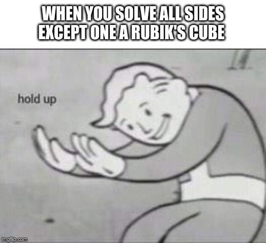 Fallout Hold Up | WHEN YOU SOLVE ALL SIDES EXCEPT ONE A RUBIK'S CUBE | image tagged in fallout hold up | made w/ Imgflip meme maker