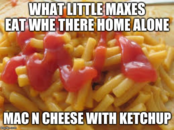 Ketchup mac n cheese | WHAT LITTLE MAXES EAT WHE THERE HOME ALONE; MAC N CHEESE WITH KETCHUP | image tagged in ketchup mac n cheese | made w/ Imgflip meme maker