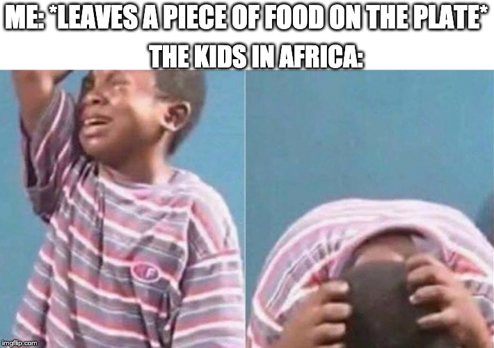 African Kid Crying | ME: *LEAVES A PIECE OF FOOD ON THE PLATE*; THE KIDS IN AFRICA: | image tagged in african kid crying | made w/ Imgflip meme maker