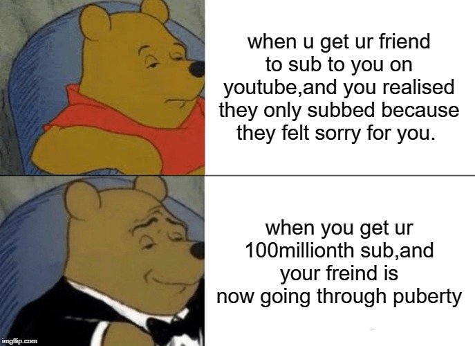Tuxedo Winnie The Pooh | when u get ur friend to sub to you on youtube,and you realised
they only subbed because they felt sorry for you. when you get ur 100millionth sub,and your freind is now going through puberty | image tagged in memes,tuxedo winnie the pooh | made w/ Imgflip meme maker