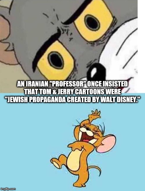 Unsettled Tom and Hysterical Jerry | AN IRANIAN "PROFESSOR" ONCE INSISTED THAT TOM & JERRY CARTOONS WERE "JEWISH PROPAGANDA CREATED BY WALT DISNEY." | image tagged in tom and jerry,iran,hanna-barbera,not walt disney,screw islamic radicals | made w/ Imgflip meme maker