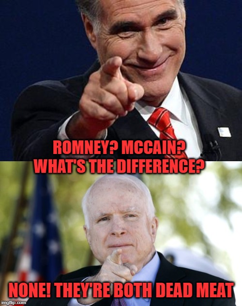 ROMNEY? MCCAIN?
WHAT'S THE DIFFERENCE? NONE! THEY'RE BOTH DEAD MEAT | image tagged in mitt romney pointing,mccain | made w/ Imgflip meme maker
