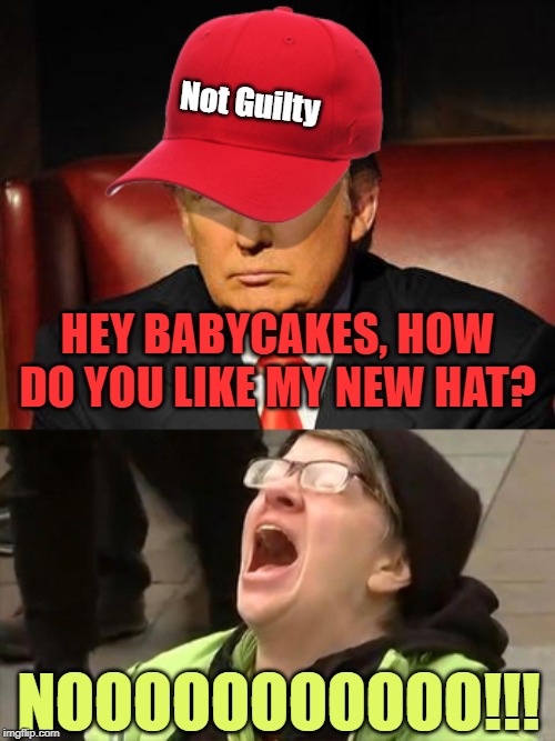 Trump Hat No | Not Guilty; HEY BABYCAKES, HOW DO YOU LIKE MY NEW HAT? NOOOOOOOOOOO!!! | image tagged in trump hat no | made w/ Imgflip meme maker
