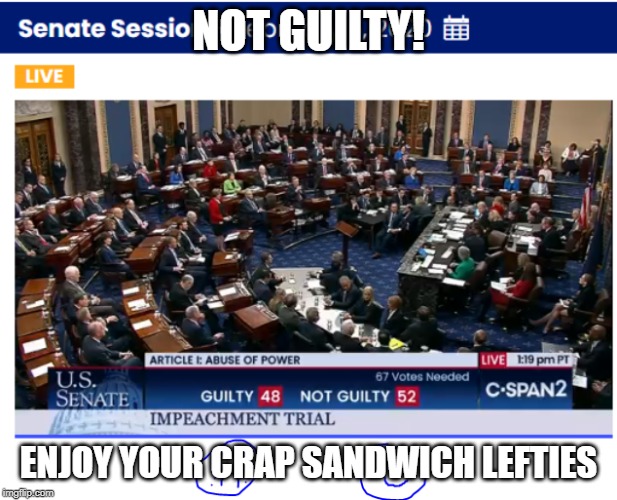 Vote is wrong but... | NOT GUILTY! ENJOY YOUR CRAP SANDWICH LEFTIES | image tagged in trump impeachment,impeachment | made w/ Imgflip meme maker