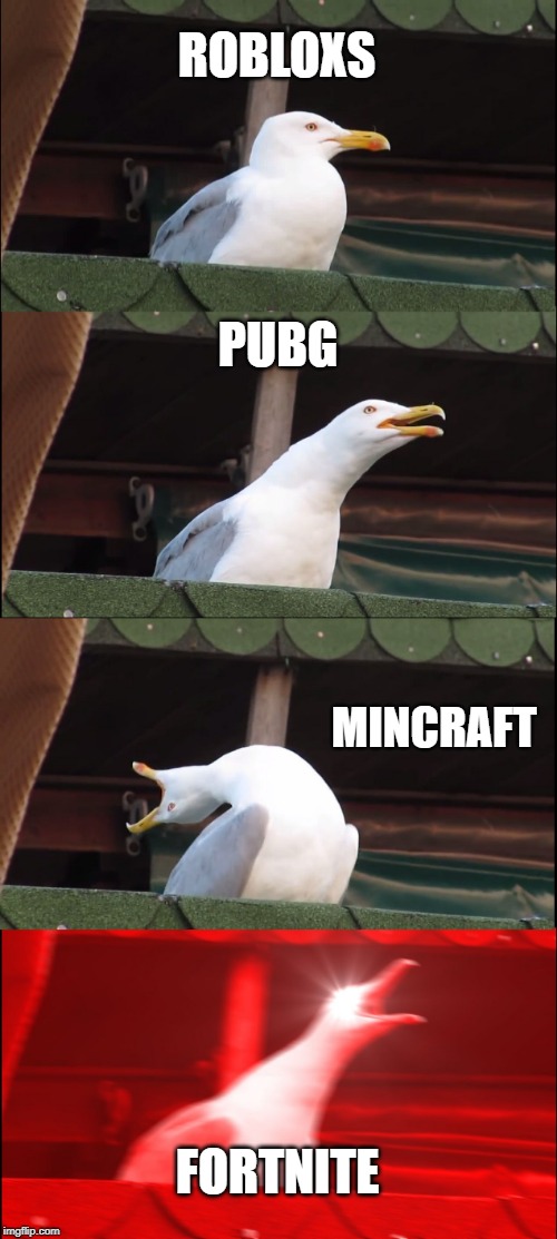 Inhaling Seagull | ROBLOXS; PUBG; MINCRAFT; FORTNITE | image tagged in memes,inhaling seagull | made w/ Imgflip meme maker