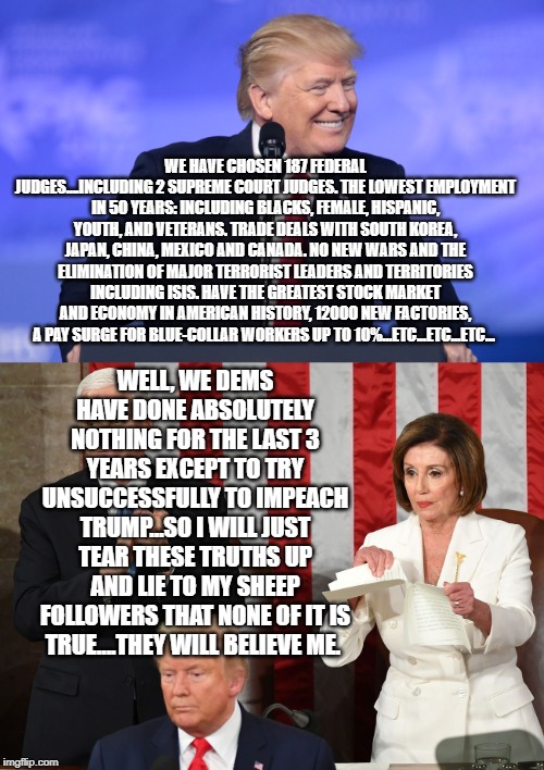 politics | WE HAVE CHOSEN 187 FEDERAL JUDGES....INCLUDING 2 SUPREME COURT JUDGES. THE LOWEST EMPLOYMENT IN 50 YEARS: INCLUDING BLACKS, FEMALE, HISPANIC, YOUTH, AND VETERANS. TRADE DEALS WITH SOUTH KOREA, JAPAN, CHINA, MEXICO AND CANADA. NO NEW WARS AND THE ELIMINATION OF MAJOR TERRORIST LEADERS AND TERRITORIES INCLUDING ISIS. HAVE THE GREATEST STOCK MARKET AND ECONOMY IN AMERICAN HISTORY, 12000 NEW FACTORIES,  A PAY SURGE FOR BLUE-COLLAR WORKERS UP TO 10%...ETC...ETC...ETC... WELL, WE DEMS HAVE DONE ABSOLUTELY NOTHING FOR THE LAST 3 YEARS EXCEPT TO TRY UNSUCCESSFULLY TO IMPEACH TRUMP...SO I WILL JUST TEAR THESE TRUTHS UP AND LIE TO MY SHEEP FOLLOWERS THAT NONE OF IT IS TRUE....THEY WILL BELIEVE ME. | image tagged in political meme | made w/ Imgflip meme maker
