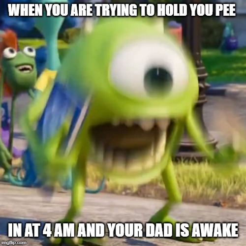 Mike wazowski | WHEN YOU ARE TRYING TO HOLD YOU PEE; IN AT 4 AM AND YOUR DAD IS AWAKE | image tagged in mike wazowski | made w/ Imgflip meme maker