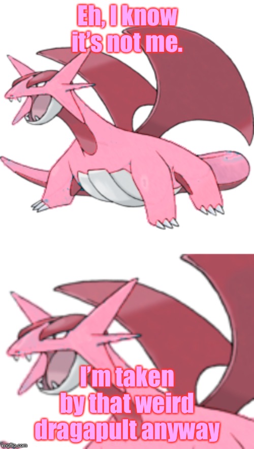 Eh, I know it’s not me. I’m taken by that weird dragapult anyway | image tagged in pixeli the salamence | made w/ Imgflip meme maker