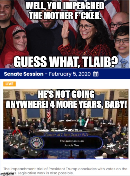 I believe Tlaib thought she was going to remove the President from office... | WELL, YOU IMPEACHED THE MOTHER F*CKER. GUESS WHAT, TLAIB? HE'S NOT GOING ANYWHERE! 4 MORE YEARS, BABY! | image tagged in memes,politics,maga,america,impeachment,trump | made w/ Imgflip meme maker