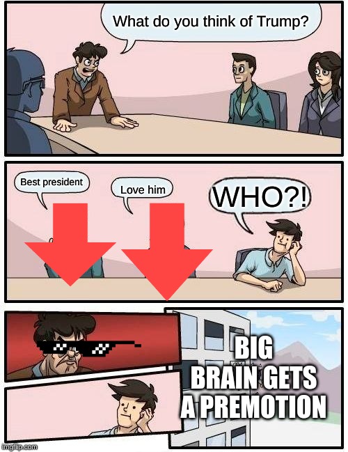 Boardroom Meeting Suggestion Meme | What do you think of Trump? Best president; WHO?! Love him; BIG BRAIN GETS A PREMOTION | image tagged in memes,boardroom meeting suggestion | made w/ Imgflip meme maker