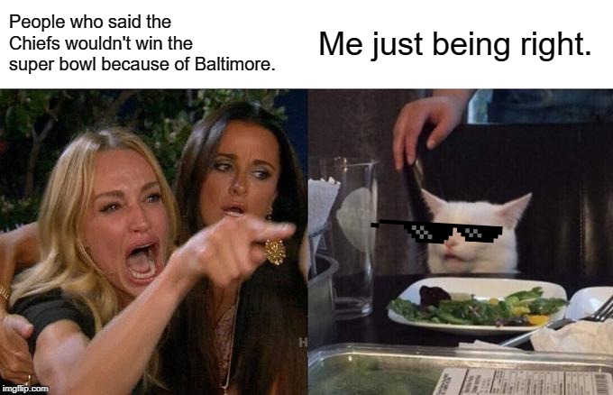 I told you so | People who said the Chiefs wouldn't win the super bowl because of Baltimore. Me just being right. | image tagged in memes,woman yelling at cat,kansas city chiefs,super bowl | made w/ Imgflip meme maker