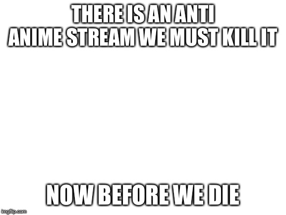 Blank White Template | THERE IS AN ANTI ANIME STREAM WE MUST KILL IT; NOW BEFORE WE DIE | image tagged in blank white template | made w/ Imgflip meme maker