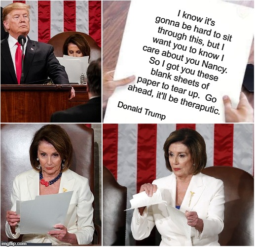 Nancy the Ripper | I know it's gonna be hard to sit through this, but I want you to know I care about you Nancy.  So I got you these blank sheets of paper to tear up.  Go ahead, it'll be theraputic. Donald Trump | image tagged in nancy the ripper | made w/ Imgflip meme maker