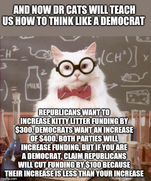1984 had it right, 2+2 does equal 5 if you are a loyal liberal party member | AND NOW DR CATS WILL TEACH US HOW TO THINK LIKE A DEMOCRAT; REPUBLICANS WANT TO INCREASE KITTY LITTER FUNDING BY $300. DEMOCRATS WANT AN INCREASE OF $400. BOTH PARTIES WILL INCREASE FUNDING, BUT IF YOU ARE A DEMOCRAT, CLAIM REPUBLICANS WILL CUT FUNDING BY $100 BECAUSE THEIR INCREASE IS LESS THAN YOUR INCREASE | image tagged in cat scientist,democrats,fake,truth hurts | made w/ Imgflip meme maker