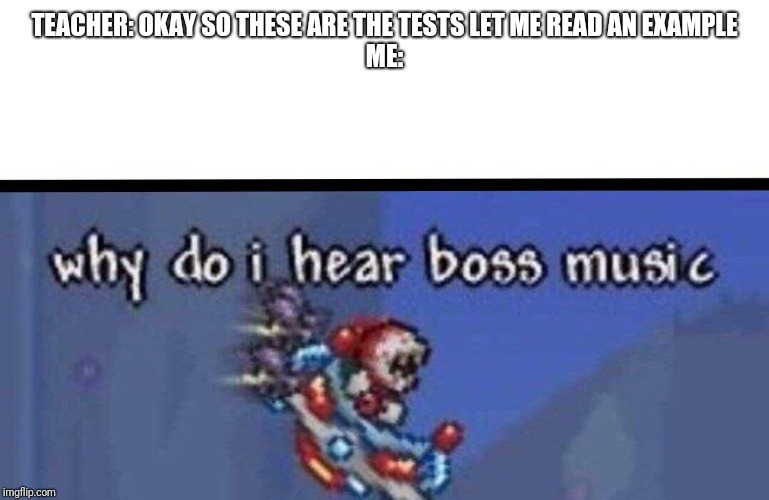 Why do I hear boss music | TEACHER: OKAY SO THESE ARE THE TESTS LET ME READ AN EXAMPLE
ME: | image tagged in why do i hear boss music | made w/ Imgflip meme maker