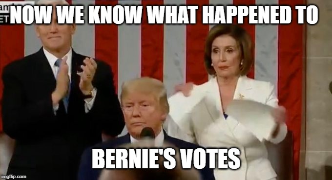 Bumbling Iowa Democrats find new target to blame for caucus fiasco: Trump supporters, we all know the truth its right here | NOW WE KNOW WHAT HAPPENED TO; BERNIE'S VOTES | image tagged in nancy pelosi wtf,democrats blame game | made w/ Imgflip meme maker