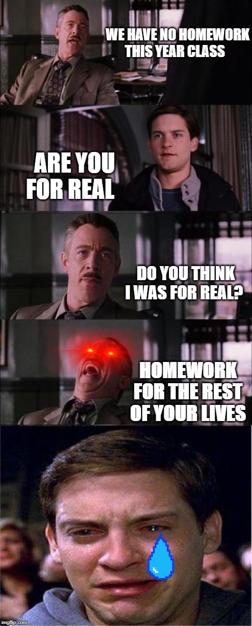 Peter Parker Cry Meme | WE HAVE NO HOMEWORK THIS YEAR CLASS; ARE YOU FOR REAL; DO YOU THINK I WAS FOR REAL? HOMEWORK FOR THE REST OF YOUR LIVES | image tagged in memes,peter parker cry | made w/ Imgflip meme maker