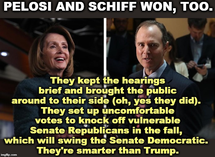 The public wanted Trump gone. The Senate ignored them. This will have a price in November. | PELOSI AND SCHIFF WON, TOO. They kept the hearings brief and brought the public around to their side (oh, yes they did). 
They set up uncomfortable votes to knock off vulnerable Senate Republicans in the fall, 
which will swing the Senate Democratic. 
They're smarter than Trump. | image tagged in nancy pelosi,adam schiff,winning,senate,republicans,impeachment | made w/ Imgflip meme maker