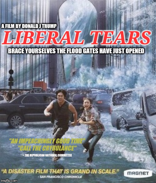 A FILM BY DONALD J TRUMP; LIBERAL TEARS; BRACE YOURSELVES THE FLOOD GATES HAVE JUST OPENED; "AN IMPEACHINGLY GOOD TIME"
"CALL THE CRYBULANCE"; • THE REPUBLICAN NATIONAL COMMITTEE | image tagged in liberal,tears,impeachment,hoax,schiff show | made w/ Imgflip meme maker