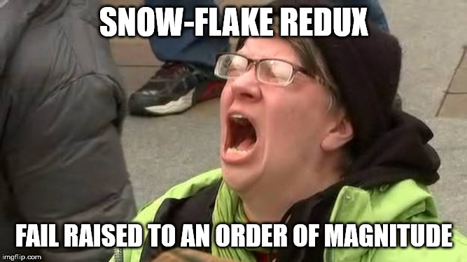 Screaming Trump Protester at Inauguration | SNOW-FLAKE REDUX; FAIL RAISED TO AN ORDER OF MAGNITUDE | image tagged in screaming trump protester at inauguration | made w/ Imgflip meme maker