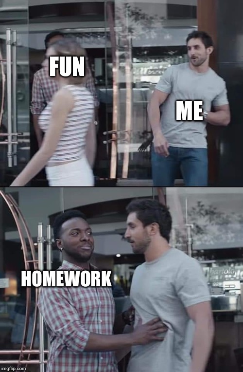 When I get home | FUN; ME; HOMEWORK | image tagged in black guy stopping | made w/ Imgflip meme maker