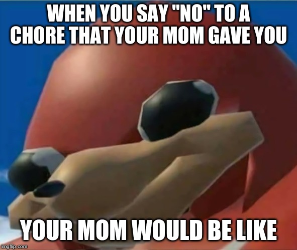 Ugandan Knuckles | WHEN YOU SAY "NO" TO A CHORE THAT YOUR MOM GAVE YOU; YOUR MOM WOULD BE LIKE | image tagged in ugandan knuckles | made w/ Imgflip meme maker