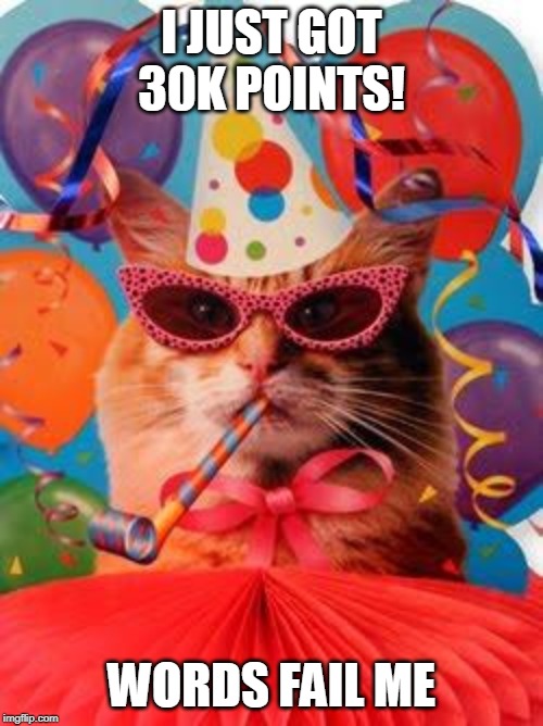 Cat Celebration! | I JUST GOT 30K POINTS! WORDS FAIL ME | image tagged in cat celebration | made w/ Imgflip meme maker