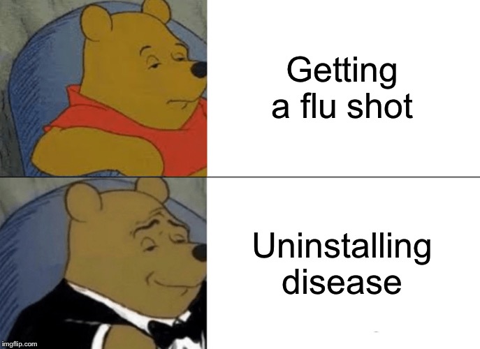 Tuxedo Winnie The Pooh Meme | Getting a flu shot; Uninstalling disease | image tagged in memes,tuxedo winnie the pooh,disease | made w/ Imgflip meme maker