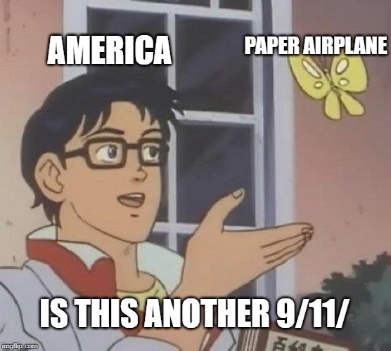 Is This A Pigeon | AMERICA; PAPER AIRPLANE; IS THIS ANOTHER 9/11/ | image tagged in memes,is this a pigeon | made w/ Imgflip meme maker
