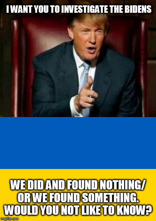 I WANT YOU TO INVESTIGATE THE BIDENS; WE DID AND FOUND NOTHING/ OR WE FOUND SOMETHING. WOULD YOU NOT LIKE TO KNOW? | image tagged in donald trump,ukraine flag | made w/ Imgflip meme maker