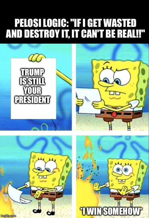 Spongebob yeet | PELOSI LOGIC: "IF I GET WASTED AND DESTROY IT, IT CAN'T BE REAL!!"; TRUMP IS STILL YOUR PRESIDENT; *I WIN SOMEHOW* | image tagged in spongebob yeet,ConservativeMemes | made w/ Imgflip meme maker