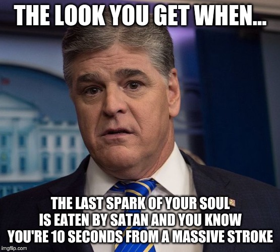 Sean Hannity | THE LOOK YOU GET WHEN... THE LAST SPARK OF YOUR SOUL IS EATEN BY SATAN AND YOU KNOW YOU'RE 10 SECONDS FROM A MASSIVE STROKE | image tagged in sean hannity | made w/ Imgflip meme maker