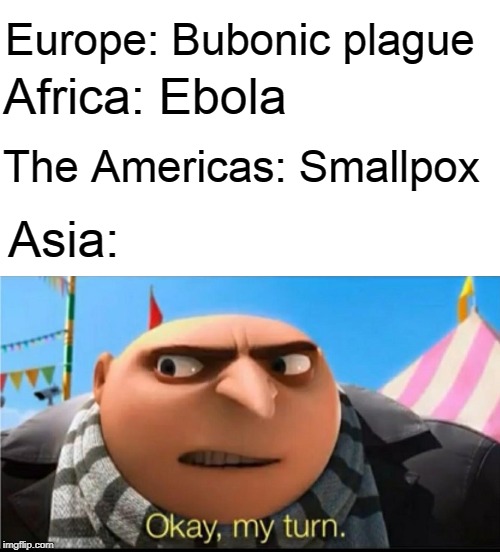 MY TURN | Europe: Bubonic plague; Africa: Ebola; The Americas: Smallpox; Asia: | image tagged in my turn,black plague,ebola,coronavirus,memes | made w/ Imgflip meme maker