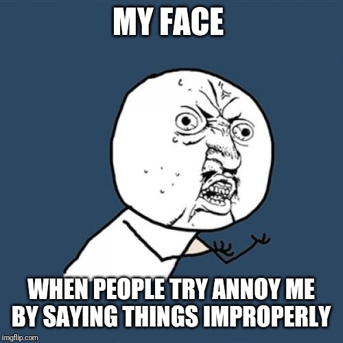 Y U No Meme | MY FACE; WHEN PEOPLE TRY ANNOY ME BY SAYING THINGS IMPROPERLY | image tagged in memes,y u no | made w/ Imgflip meme maker