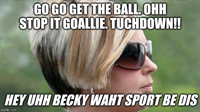 Karen | GO GO GET THE BALL. OHH STOP IT GOALLIE. TUCHDOWN!! HEY UHH BECKY WAHT SPORT BE DIS | image tagged in karen | made w/ Imgflip meme maker