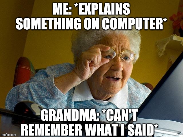 Grandma Finds The Internet | ME: *EXPLAINS SOMETHING ON COMPUTER*; GRANDMA: *CAN'T REMEMBER WHAT I SAID* | image tagged in memes,grandma finds the internet | made w/ Imgflip meme maker