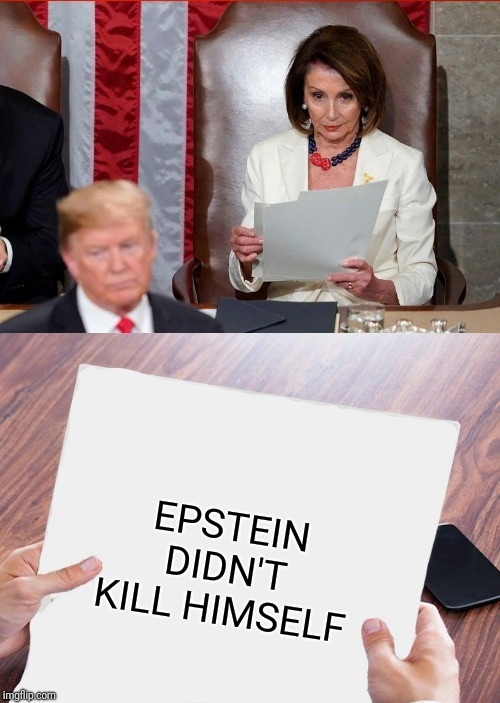 She was shocked. Clearly. | EPSTEIN DIDN'T KILL HIMSELF | image tagged in trump pelosi | made w/ Imgflip meme maker