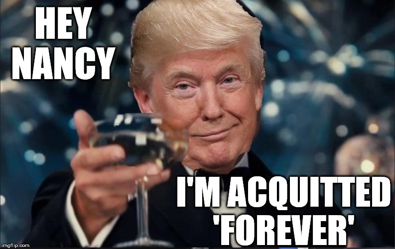Donald Trump Cheers | HEY NANCY; I'M ACQUITTED 'FOREVER' | image tagged in donald trump,memes,leonardo dicaprio cheers,trump impeachment,nancy pelosi,what if i told you | made w/ Imgflip meme maker